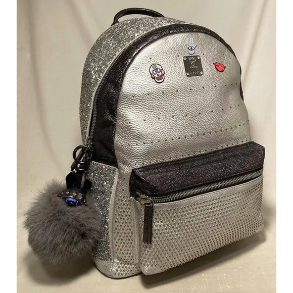 MCM Special Edition Silver Leather Swarovski Crystal Backpack with Rabbit Charm main image 14